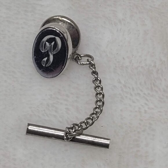 Vintage Silver Tone Letter P Monogram Mens Tie Tac Pin Oval - Picture 2 of 5